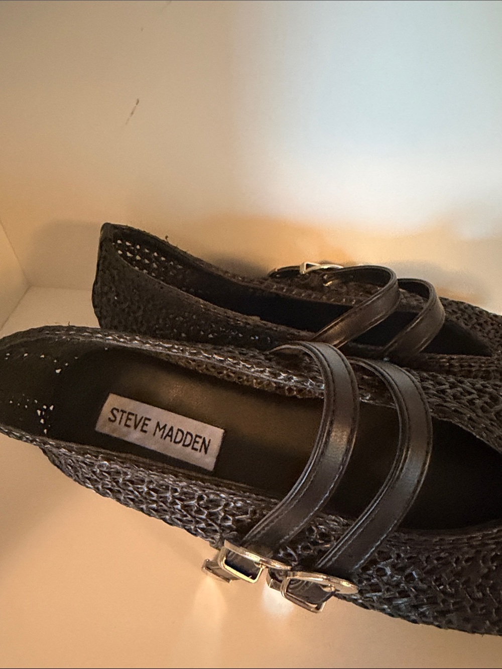 Steve Madden Black Woven Double-Strap Mary Jane Flats